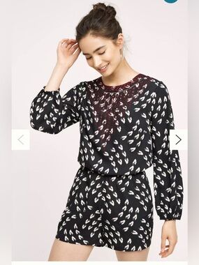 Anthropologie Ranna Gill Black Printed Romper M Boho Eyelet Neck Long Sleeve
